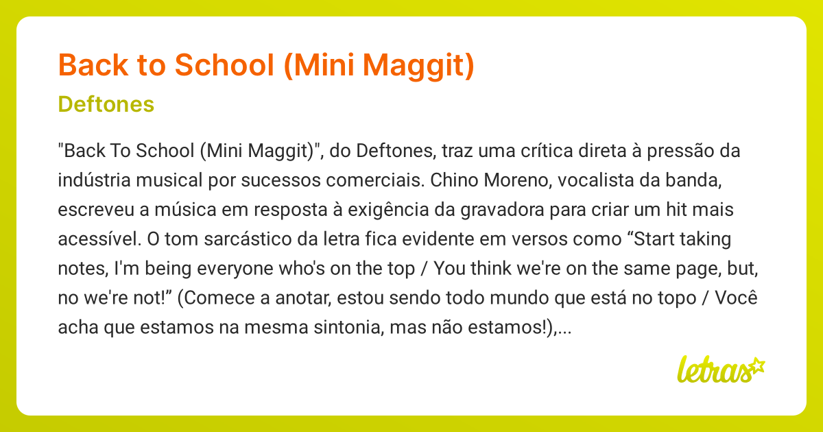 Significado da música BACK TO SCHOOL (MINI MAGGIT) (Deftones) - LETRAS ...