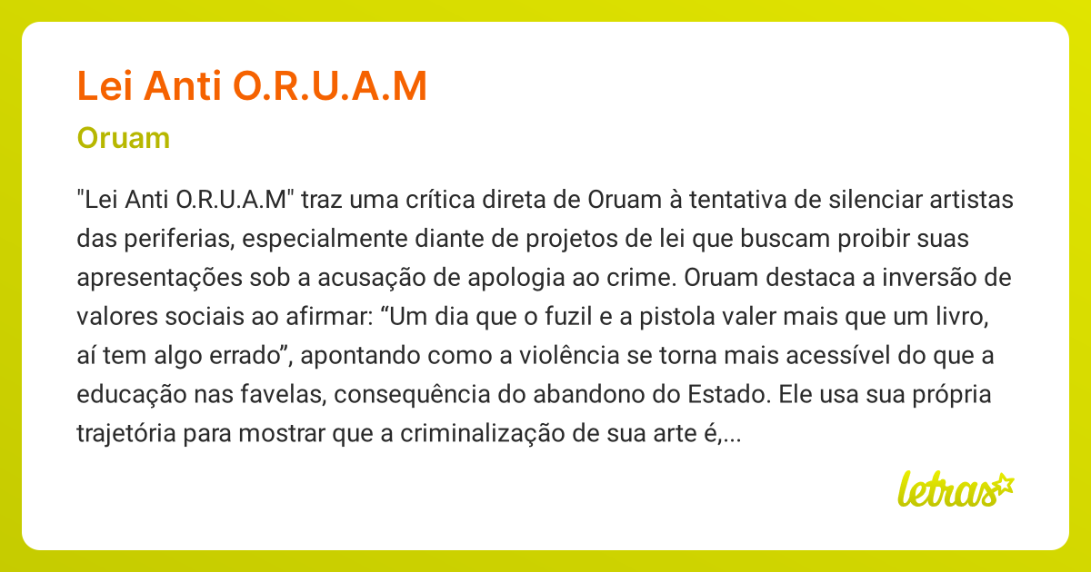 Significado da música LEI ANTI O.R.U.A.M (Oruam) - LETRAS.MUS.BR