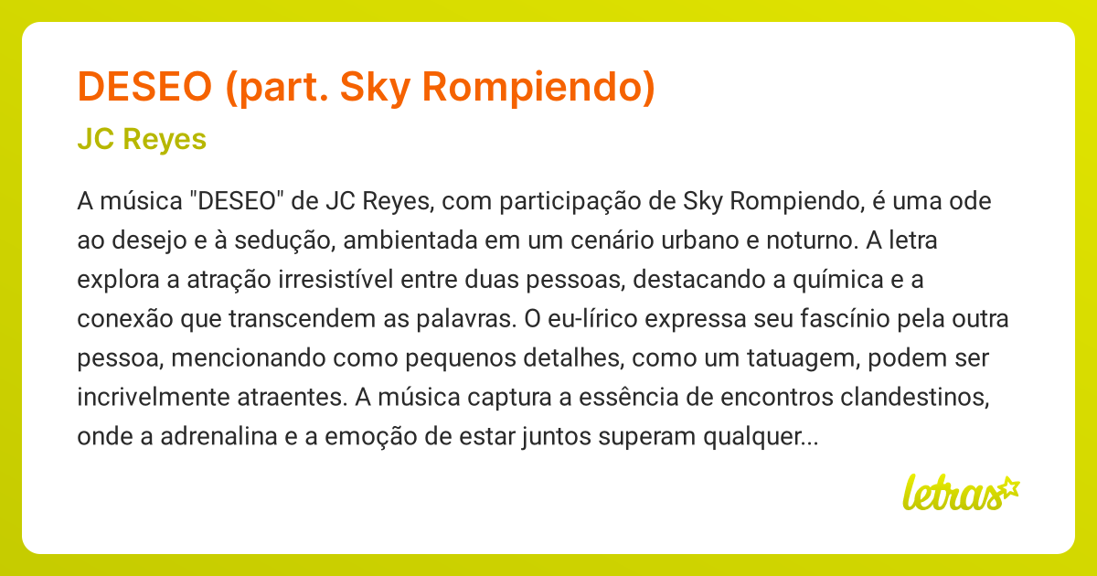 Significado da música DESEO (PART. SKY ROMPIENDO) (JC Reyes) - LETRAS ...