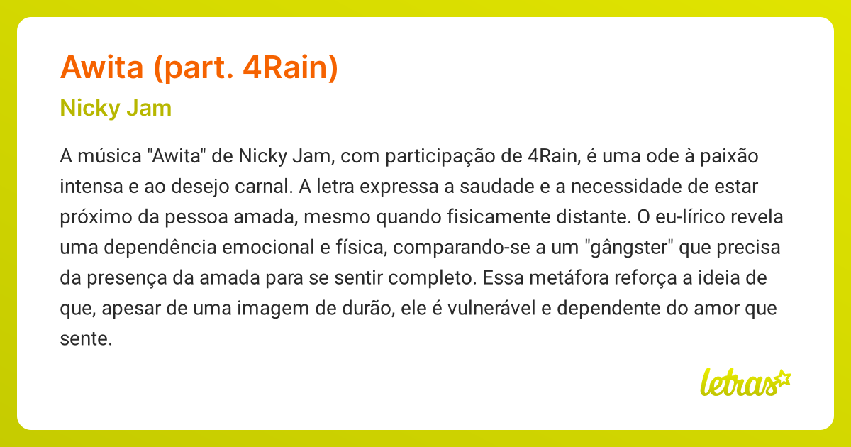 Significado da música AWITA (PART. 4RAIN) (Nicky Jam) - LETRAS.MUS.BR
