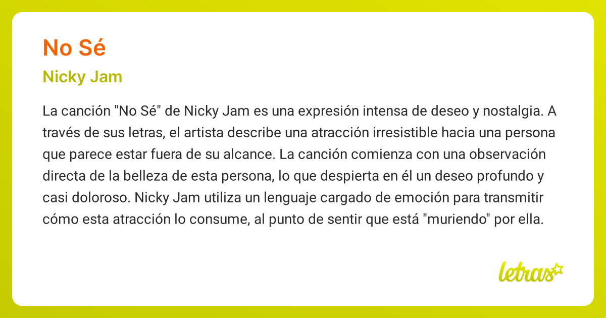 Significado de la canción NO SÉ (Nicky Jam) - LETRAS.COM