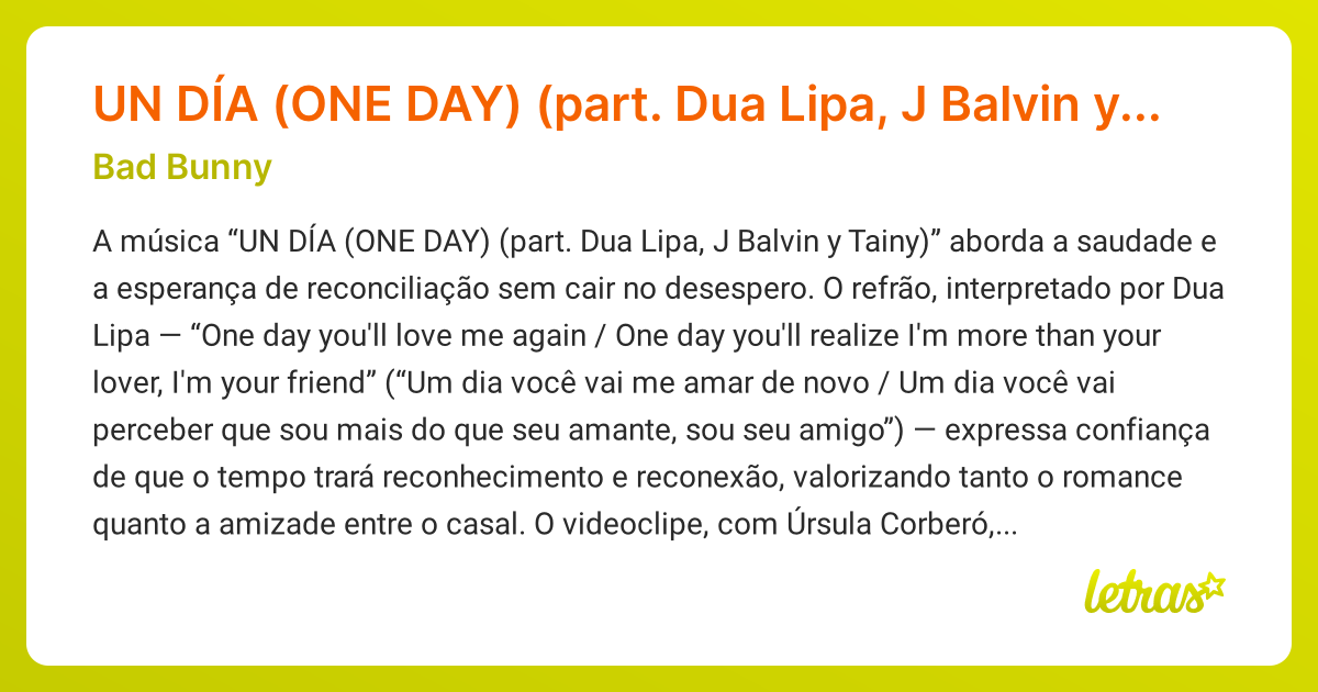 Significado da música UN DÍA (ONE DAY) (part. Dua Lipa, J Balvin y ...
