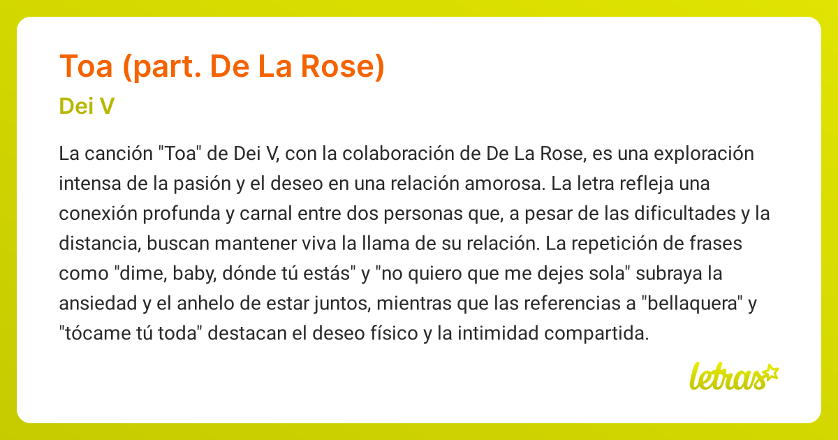 Significado de la canción TOA (PART. DE LA ROSE) (Dei V) - LETRAS.COM