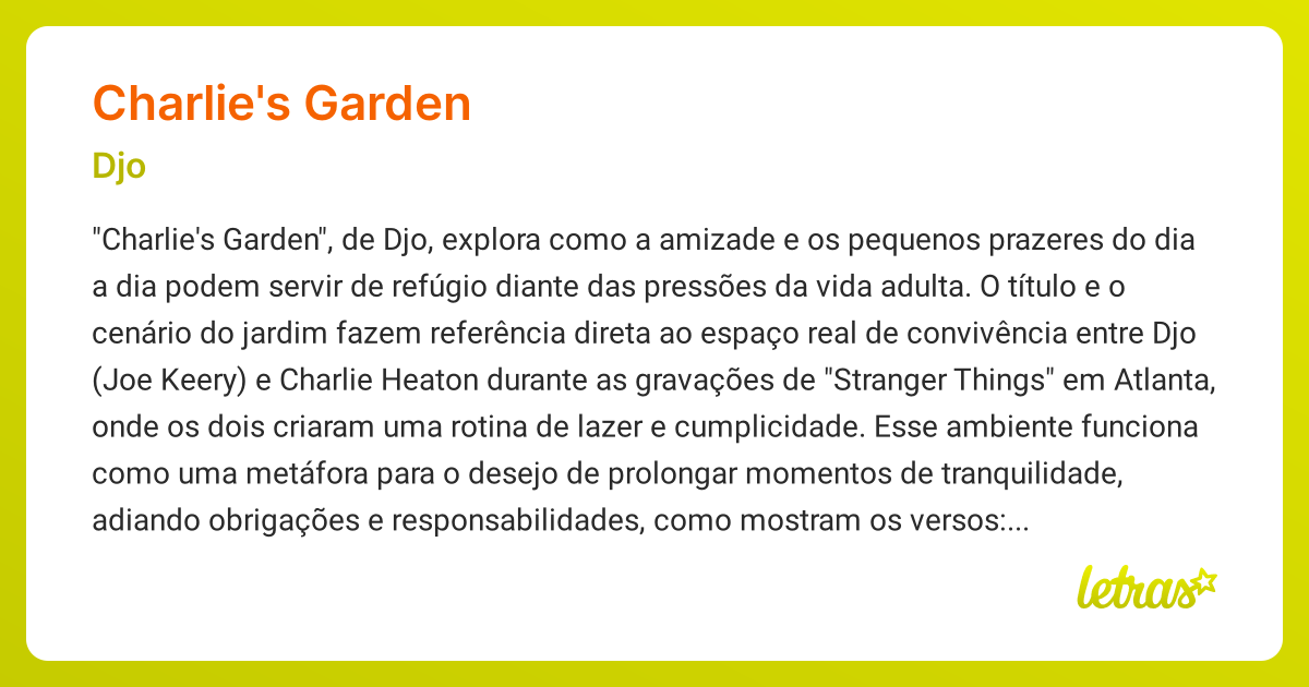 Significado da música CHARLIE'S GARDEN (Djo) - LETRAS.MUS.BR