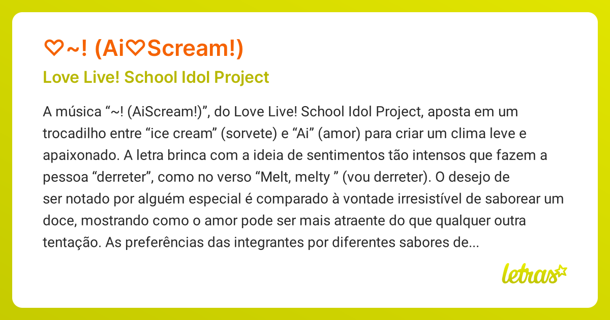 Significado da música 愛♡スクリ~ム! (Ai♡Scream!) (Love Live