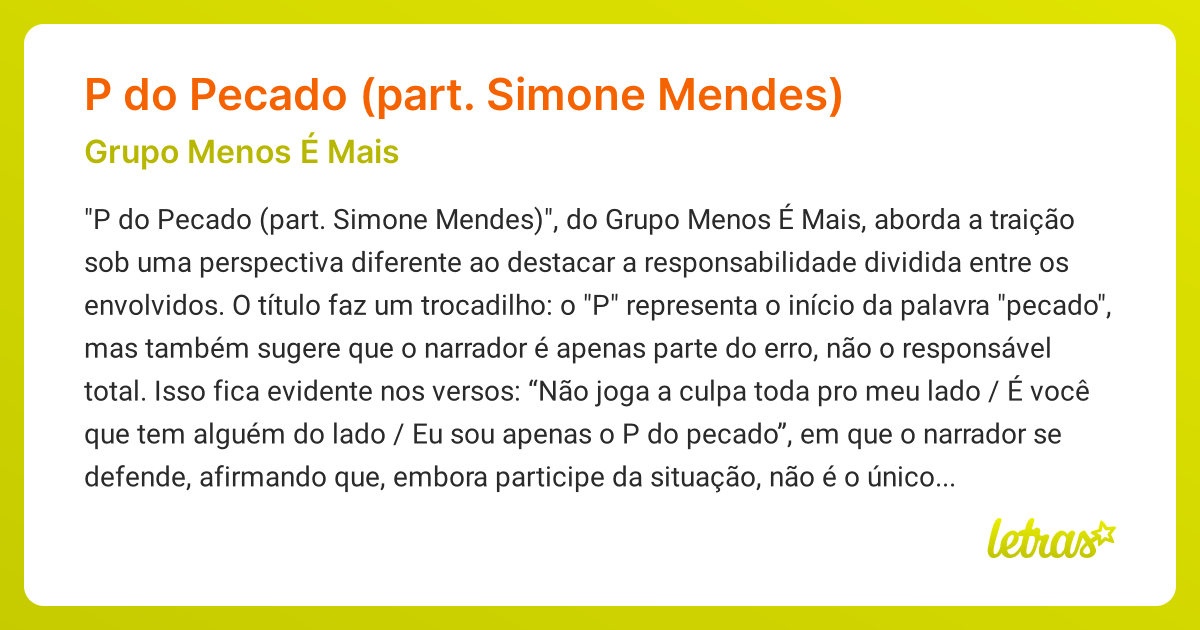 Significado da música P do Pecado (part. Simone Mendes) (Grupo Menos É ...