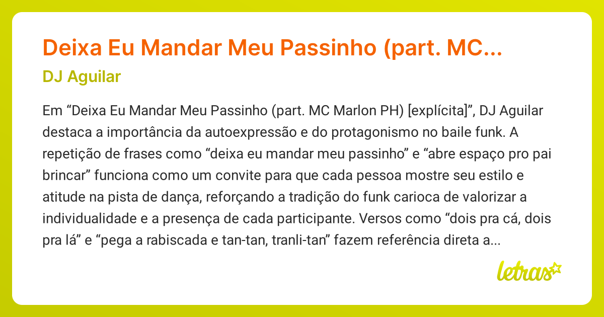 Significado da música Deixa Eu Mandar Meu Passinho (part. MC Marlon PH ...