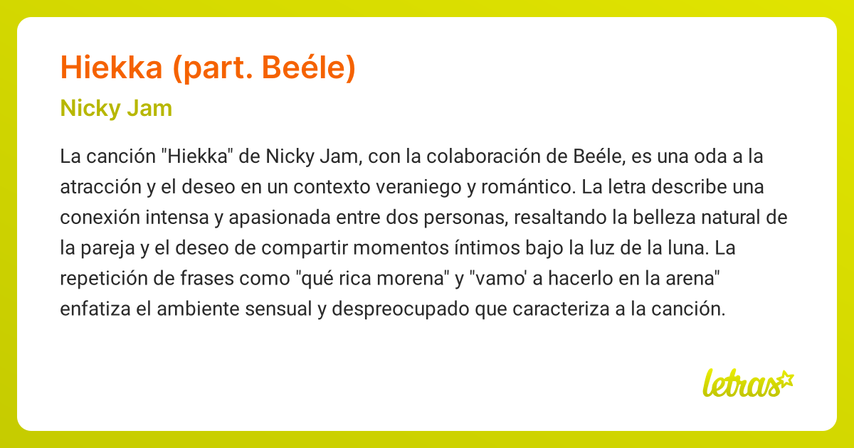 Significado de la canción HIEKKA (PART. BEÉLE) (Nicky Jam) - LETRAS.COM