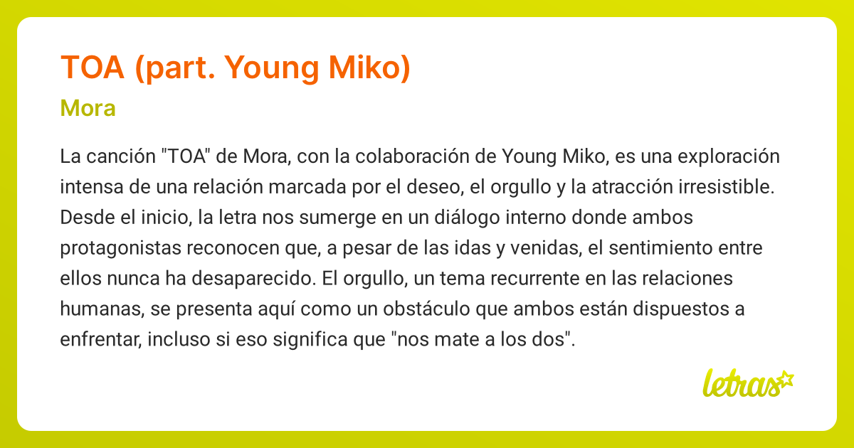 Significado de la canción TOA (PART. YOUNG MIKO) (Mora) - LETRAS.COM
