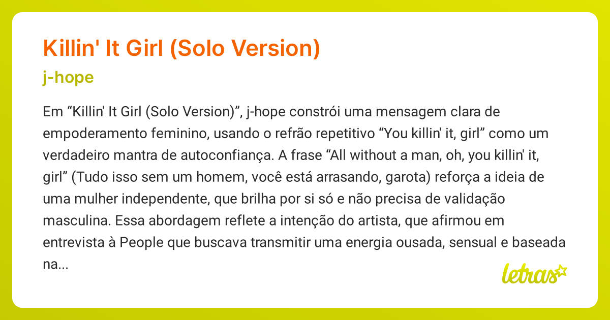 Significado da música KILLIN' IT GIRL (SOLO VERSION) (j-hope