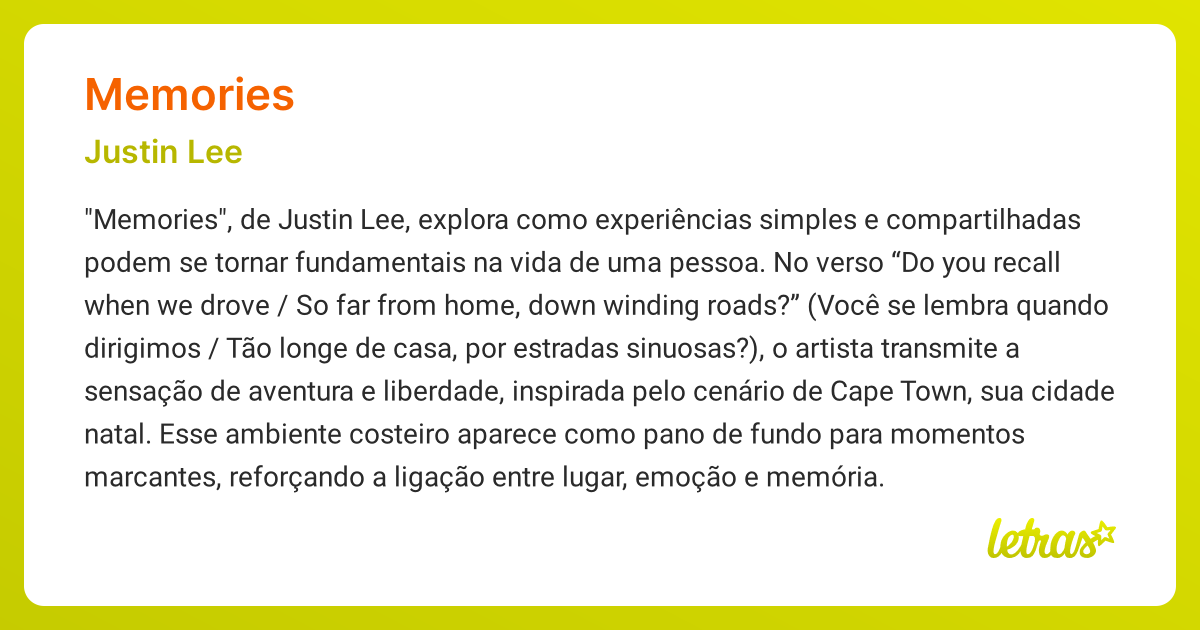 Significado da música MEMORIES (Justin Lee) - LETRAS.MUS.BR