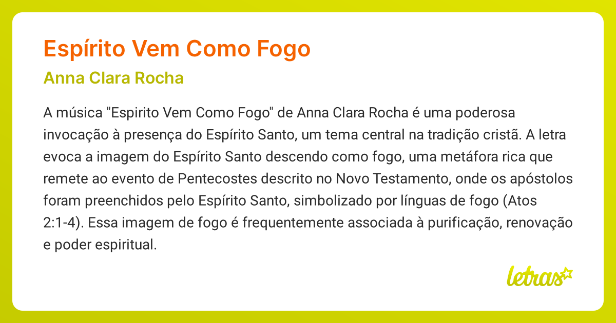 Significado da música ESPÍRITO VEM COMO FOGO (Anna Clara Rocha ...