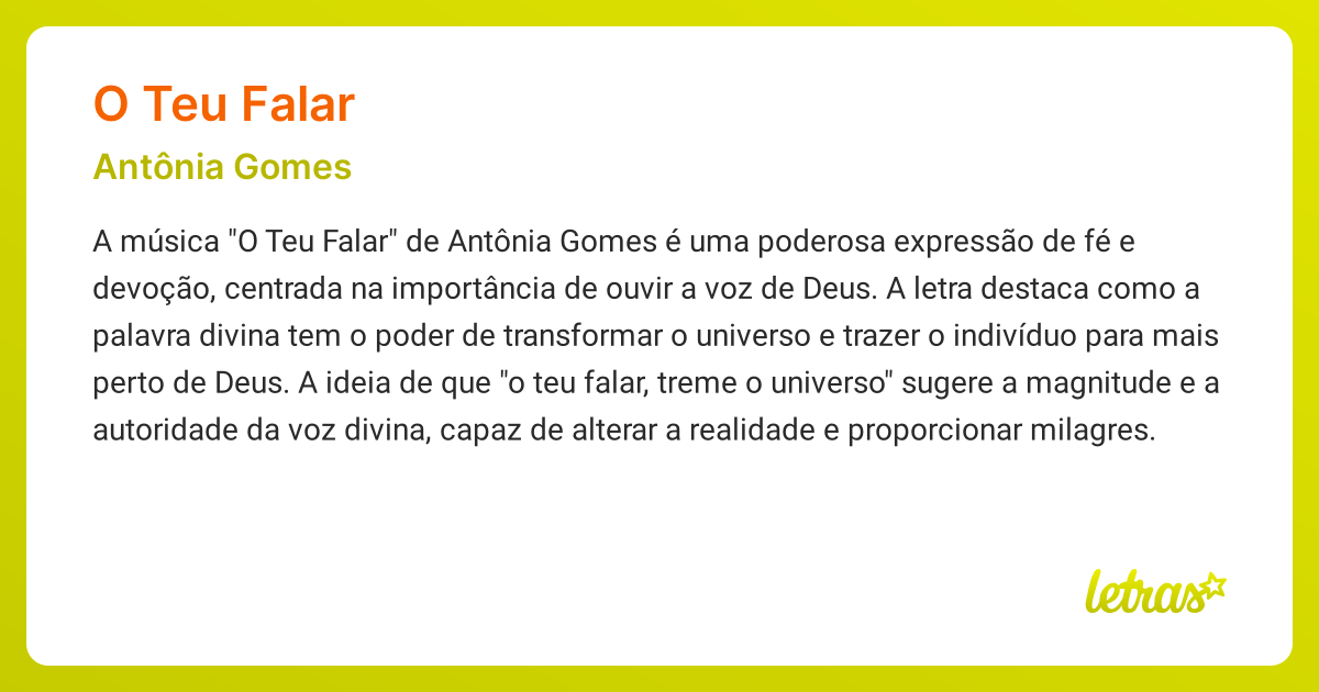 Significado da música O TEU FALAR (Antônia Gomes) - LETRAS.MUS.BR