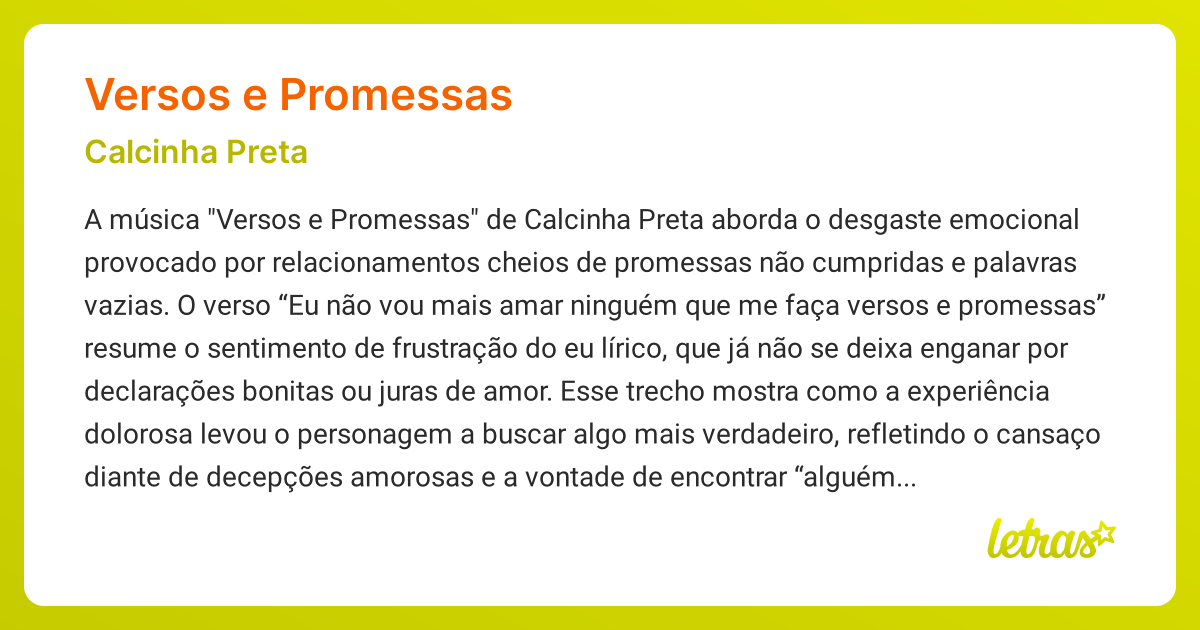 Significado da música VERSOS E PROMESSAS (Calcinha Preta) - LETRAS.MUS.BR