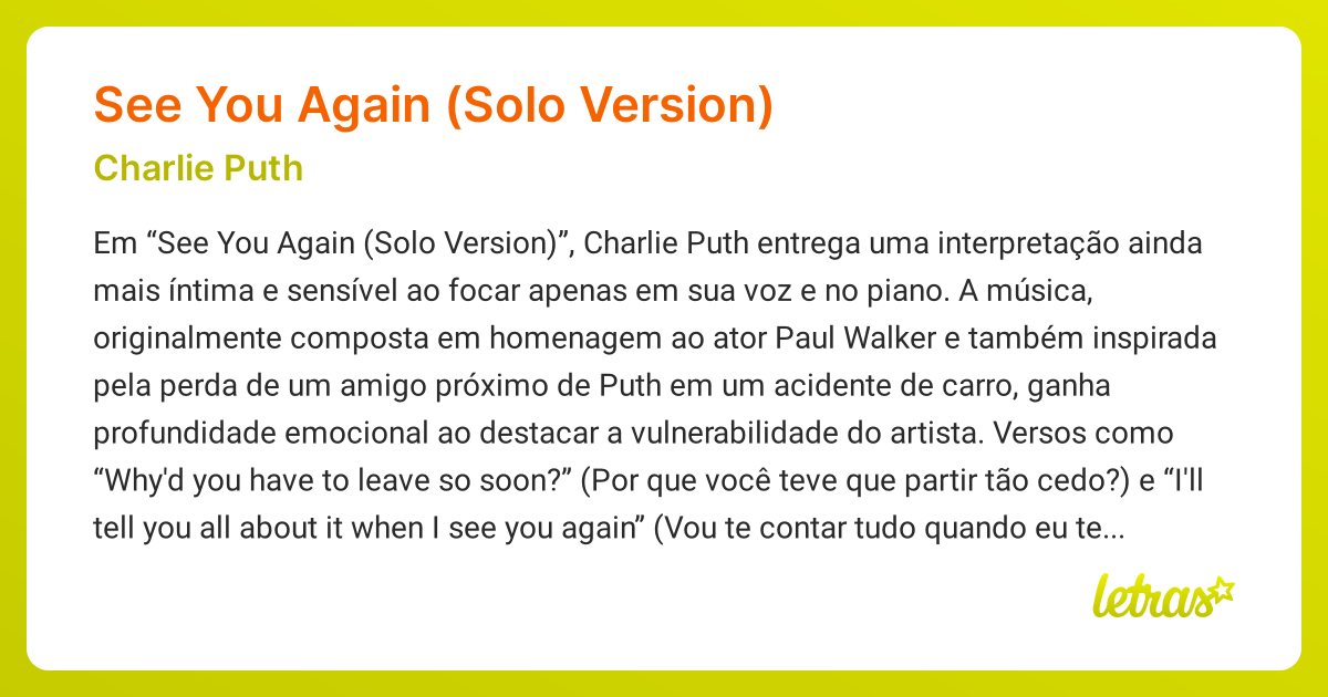 Significado da música SEE YOU AGAIN (SOLO VERSION) (Charlie Puth ...