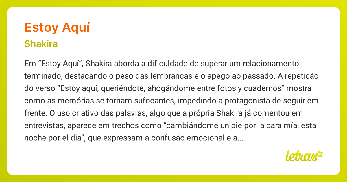 Significado da música ESTOY AQUÍ (Shakira) - LETRAS.MUS.BR