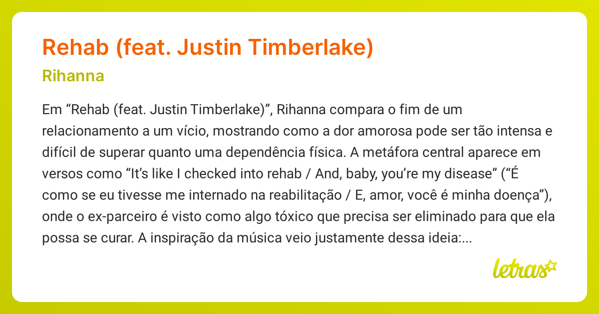 Significado da música Rehab (feat. Justin Timberlake) (Rihanna ...