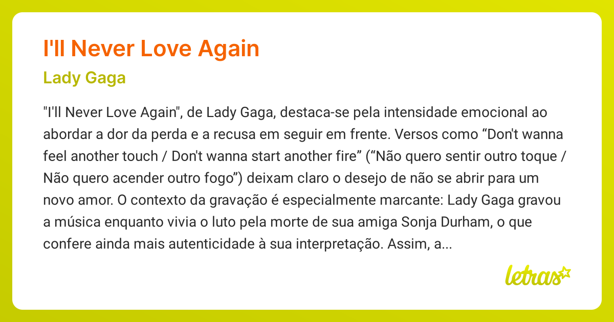 Significado da música I'LL NEVER LOVE AGAIN (Lady Gaga) - LETRAS.MUS.BR