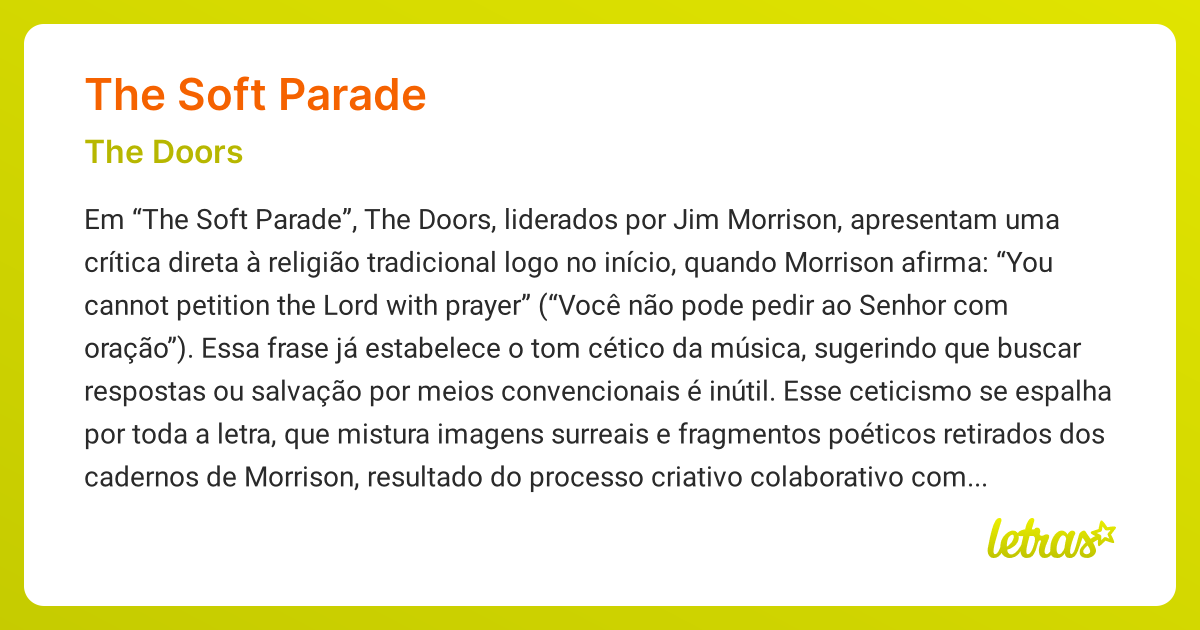 Significado da música THE SOFT PARADE (The Doors) - LETRAS.MUS.BR