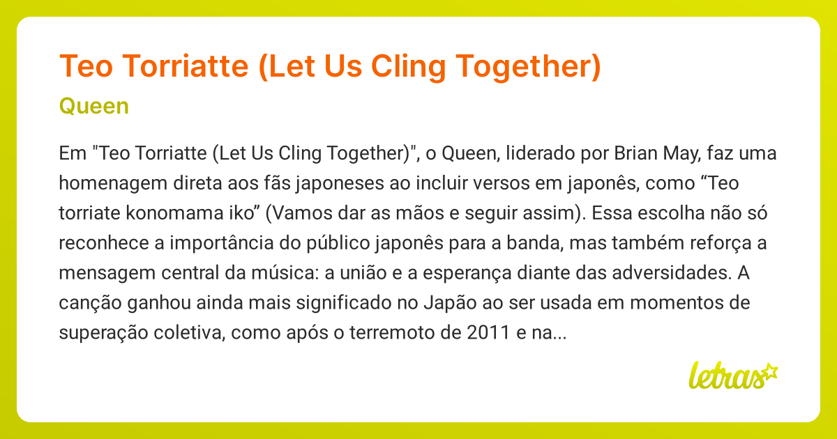 Significado da música Teo Torriatte (Let Us Cling Together) (Queen