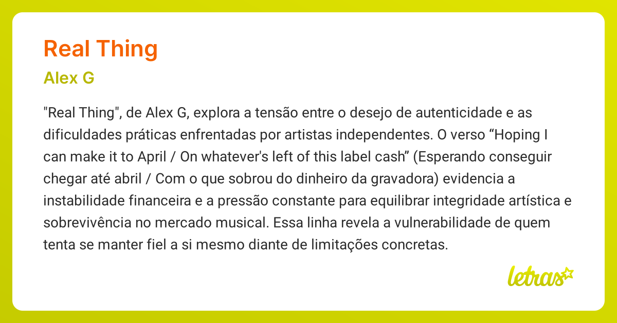 Significado da música REAL THING (Alex G) - LETRAS.MUS.BR
