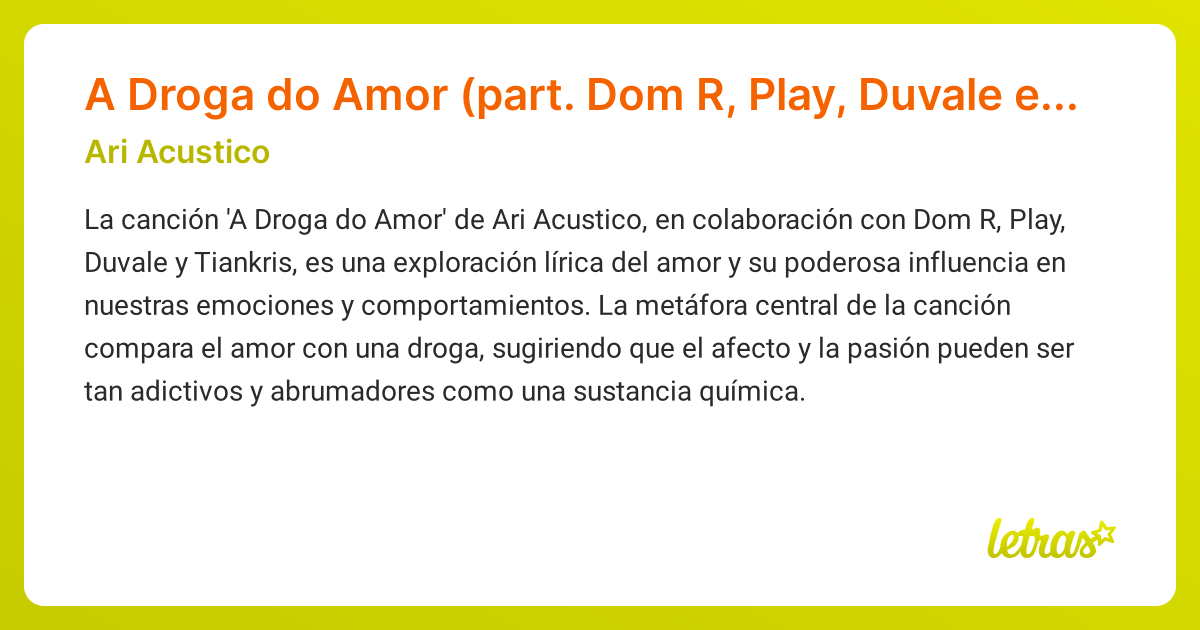 Significado de la canción A Droga do Amor (part. Dom R, Play, Duvale e ...