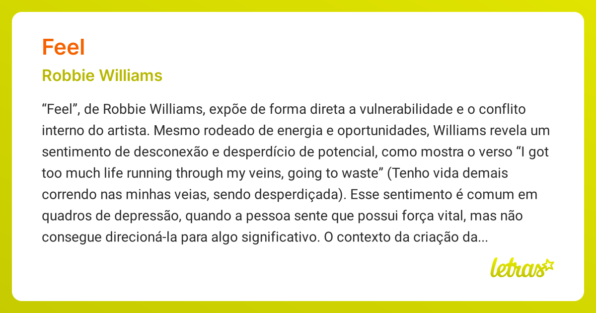 Significado da música FEEL (Robbie Williams) - LETRAS.MUS.BR