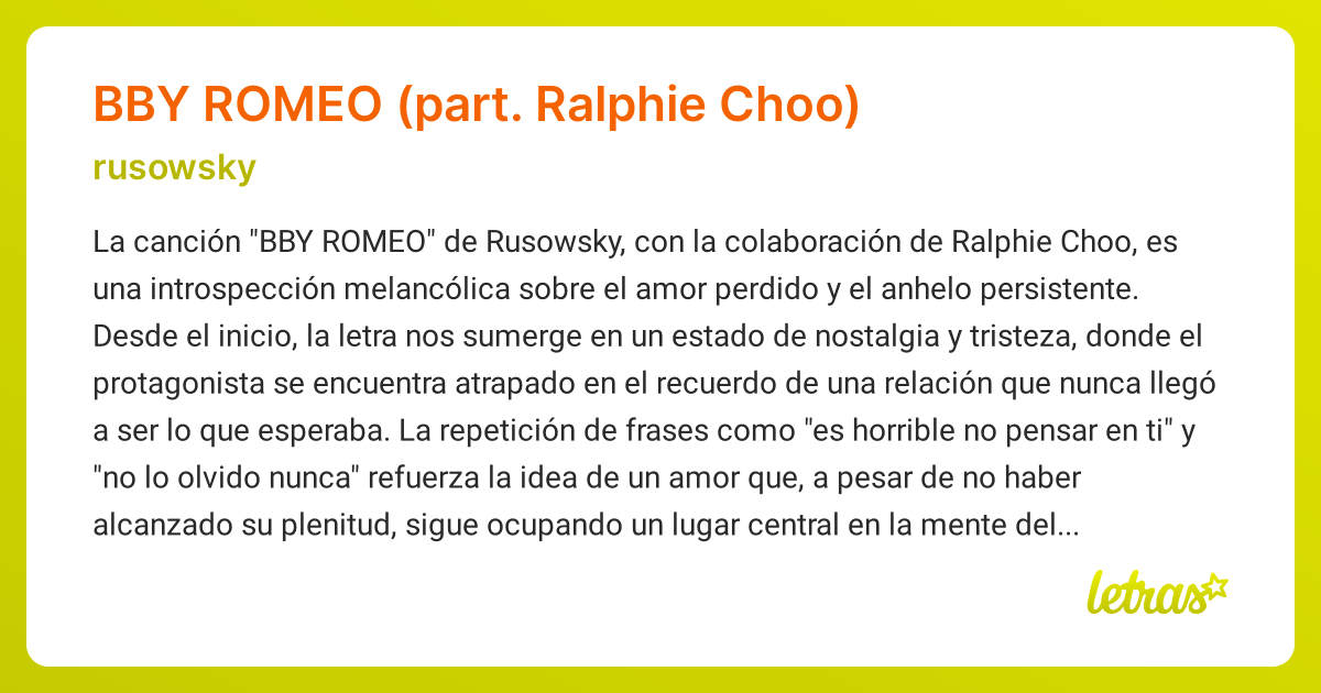 Significado de la canción BBY ROMEO (PART. RALPHIE CHOO) (Rusowsky ...