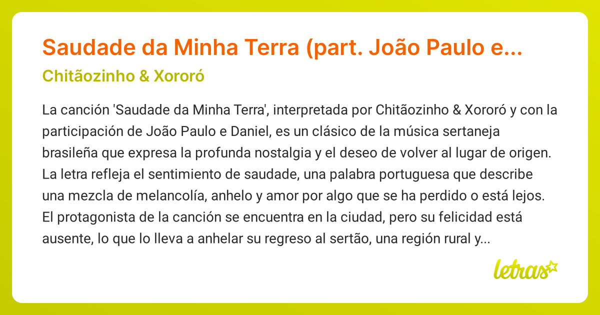 Significado de la canción Saudade da Minha Terra (part. João Paulo e ...