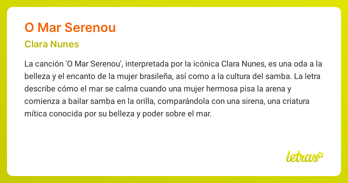 Significado de la canción O MAR SERENOU (Clara Nunes) - LETRAS.COM