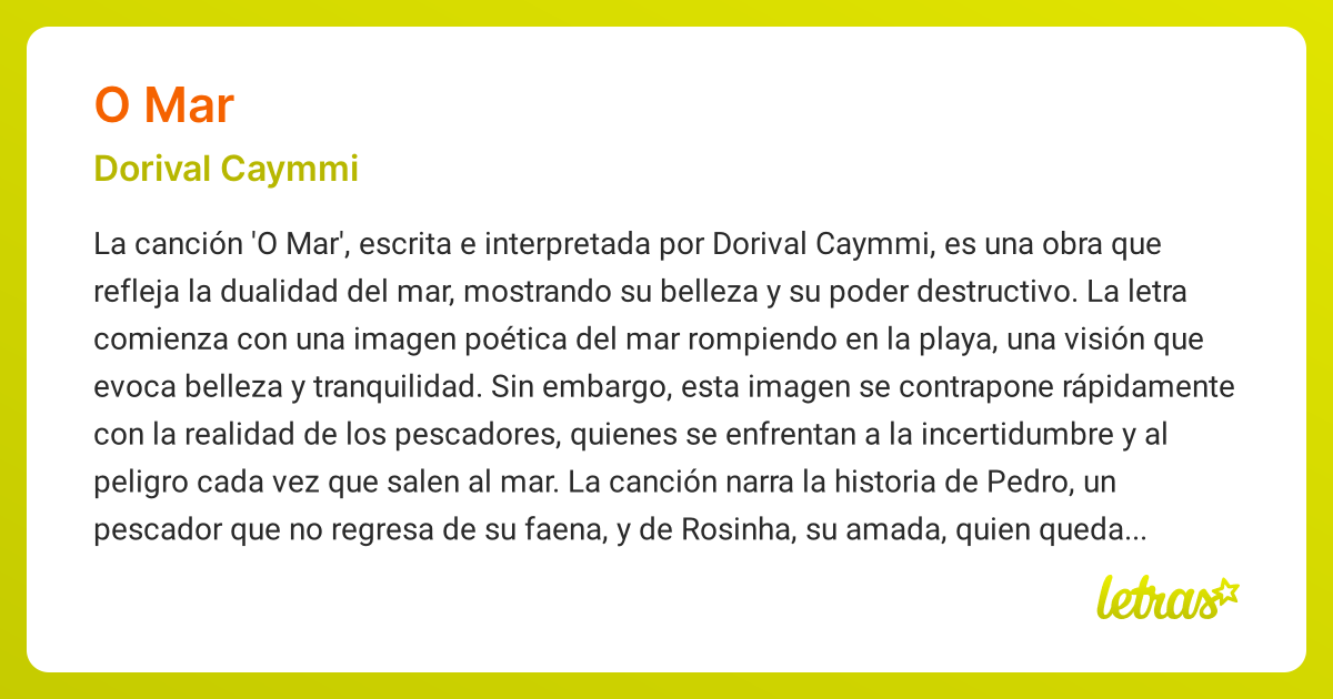 Significado de la canción O MAR (Dorival Caymmi) - LETRAS.COM