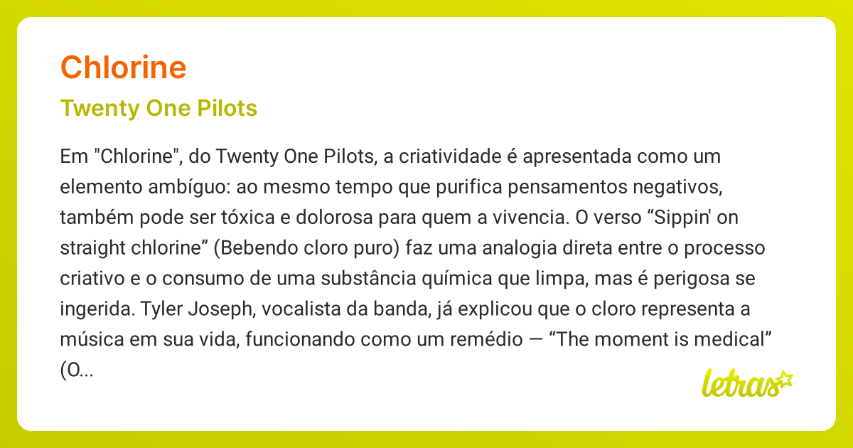 Significado da música CHLORINE (Twenty One Pilots) LETRAS.MUS.BR