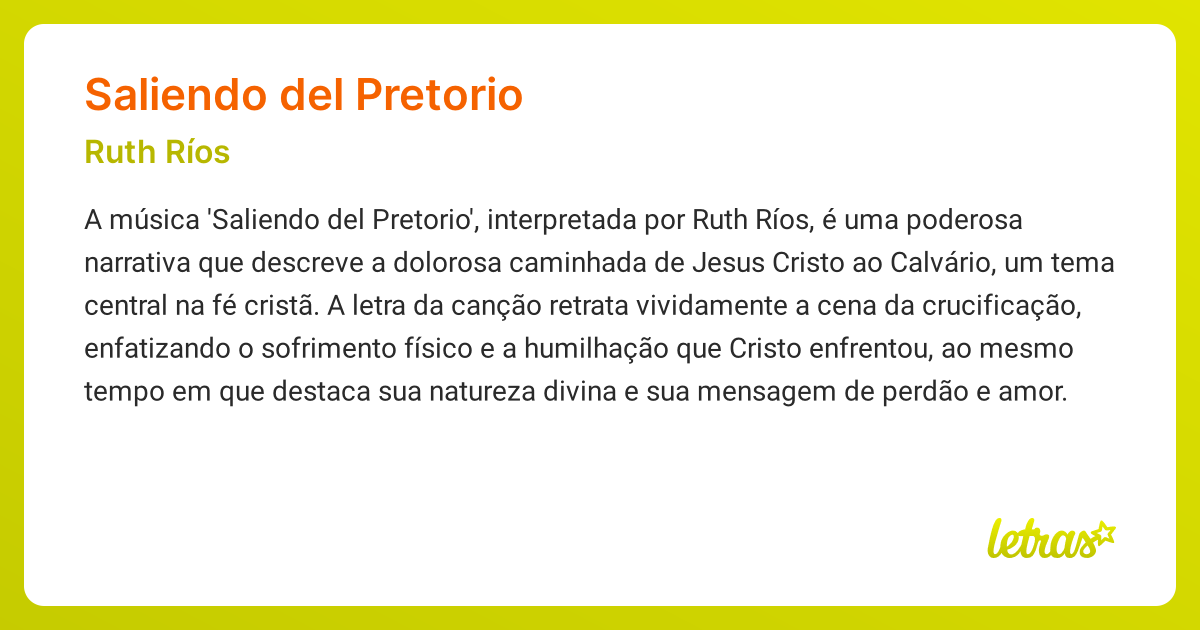 Significado da música SALIENDO DEL PRETORIO (Ruth Ríos) - LETRAS.MUS.BR