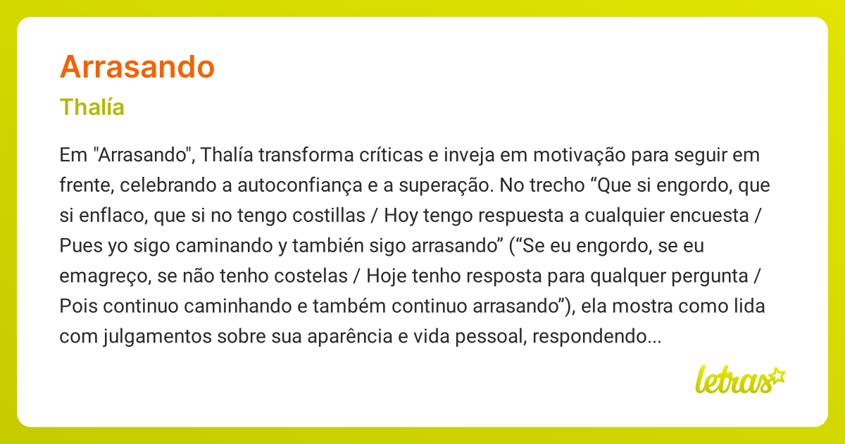 Significado da música ARRASANDO (Thalía) - LETRAS.MUS.BR