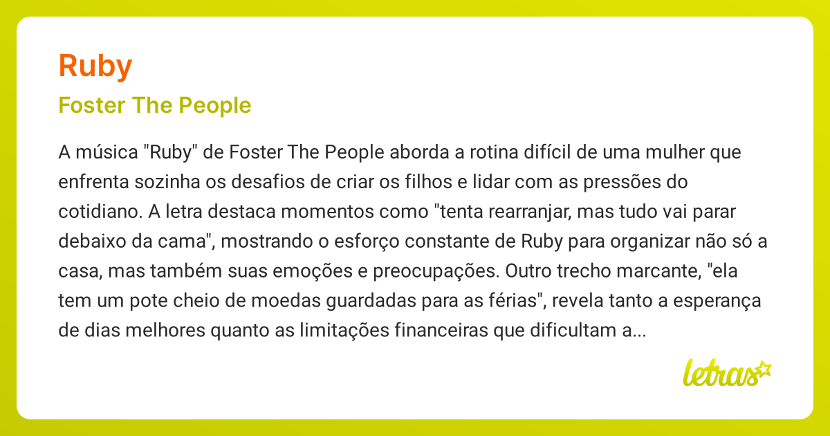 Significado da música RUBY (Foster The People) - LETRAS.MUS.BR