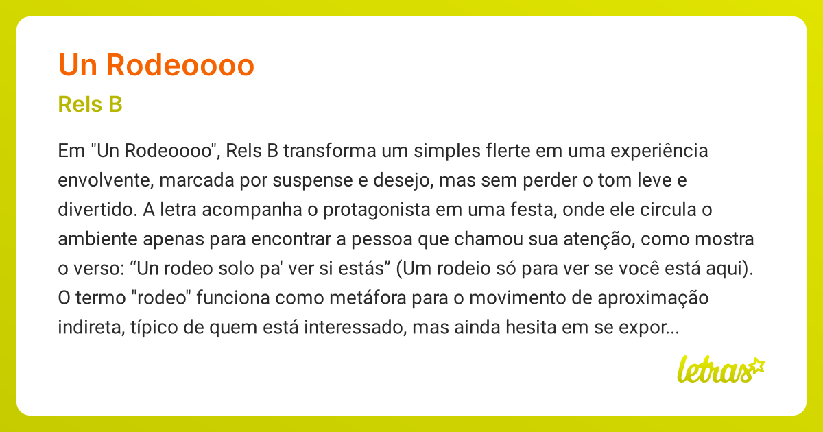 Significado da música UN RODEOOOO (Rels B) - LETRAS.MUS.BR