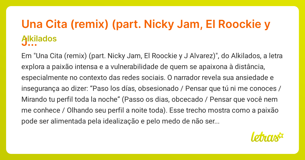 Significado da música Una Cita (remix) (part. Nicky Jam, El Roockie y J ...