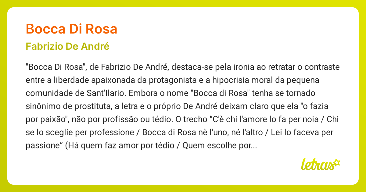 Significado da música BOCCA DI ROSA (Fabrizio De André) - LETRAS.MUS.BR