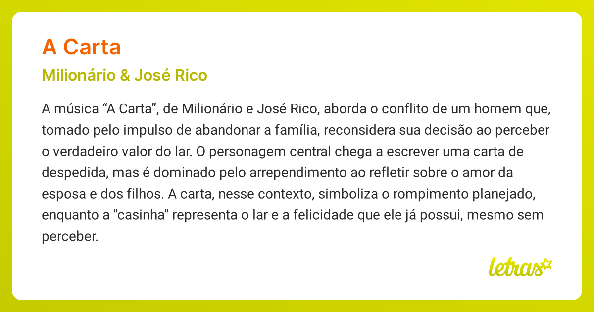 Significado da música A CARTA (Milionário & José Rico) - LETRAS.MUS.BR