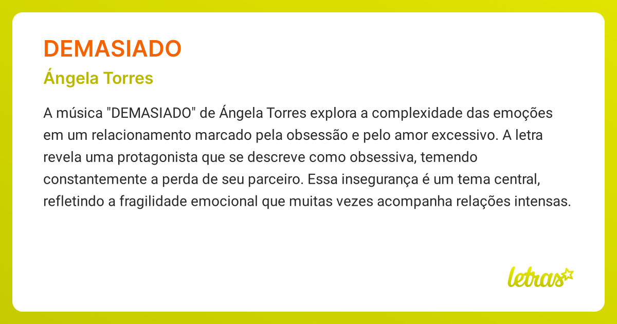 Significado da música DEMASIADO (Ángela Torres) - LETRAS.MUS.BR