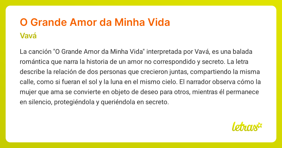 Significado de la canción O GRANDE AMOR DA MINHA VIDA (Vavá) - LETRAS.COM