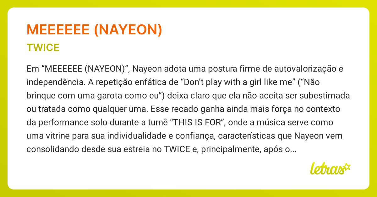 Significado da música MEEEEEE (NAYEON) (TWICE) - LETRAS.MUS.BR