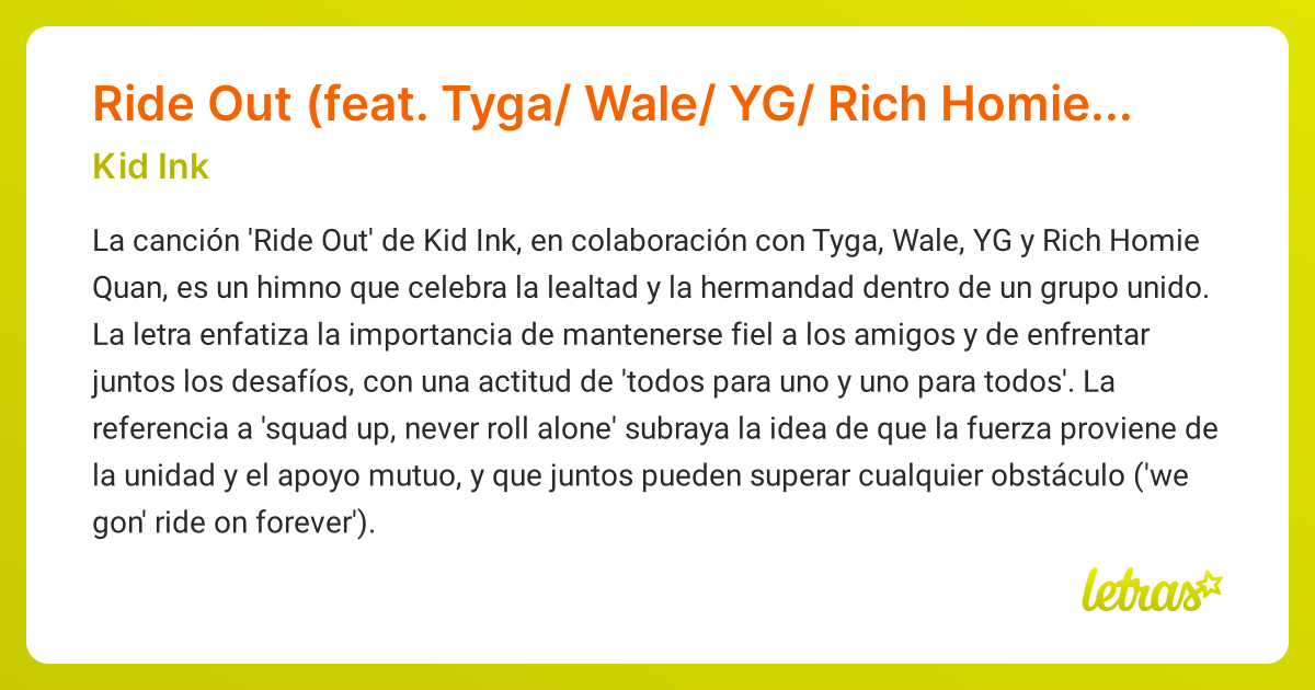 Significado de la canción Ride Out (feat. Tyga/ Wale/ YG/ Rich Homie ...
