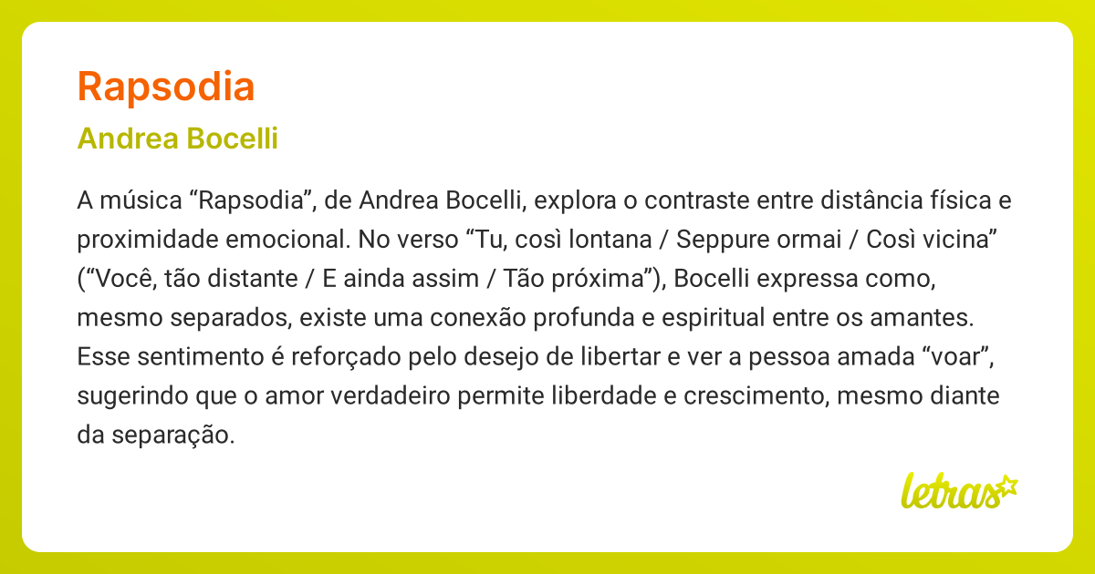 Significado da música RAPSODIA (Andrea Bocelli) - LETRAS.MUS.BR