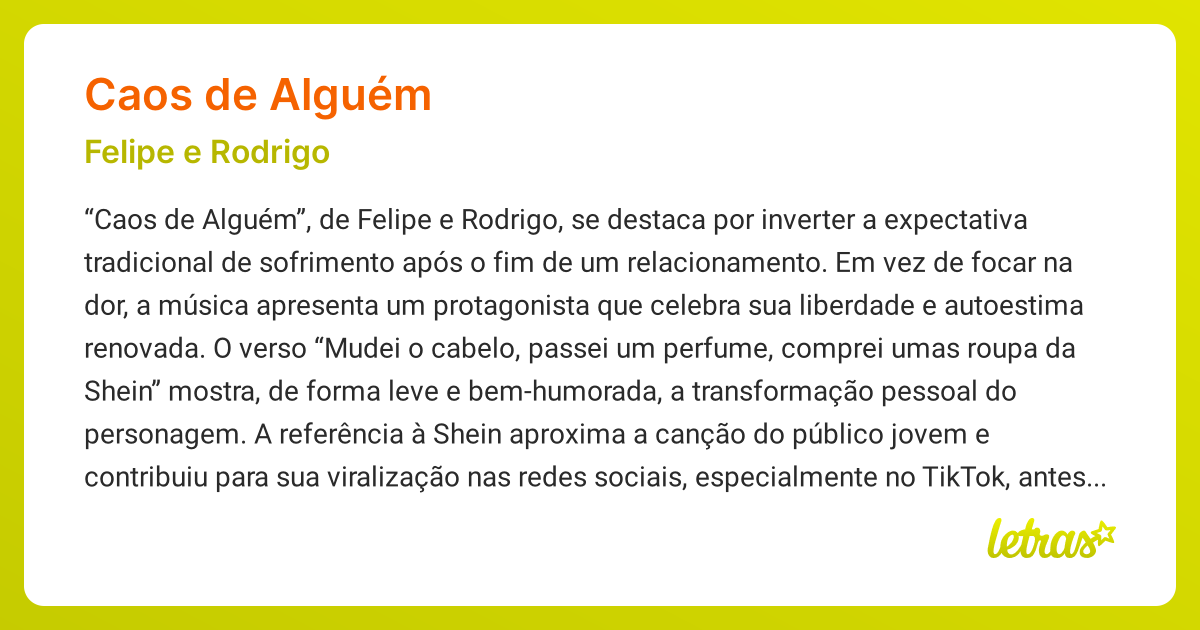 Significado da música CAOS DE ALGUÉM (Felipe e Rodrigo) - LETRAS.MUS.BR
