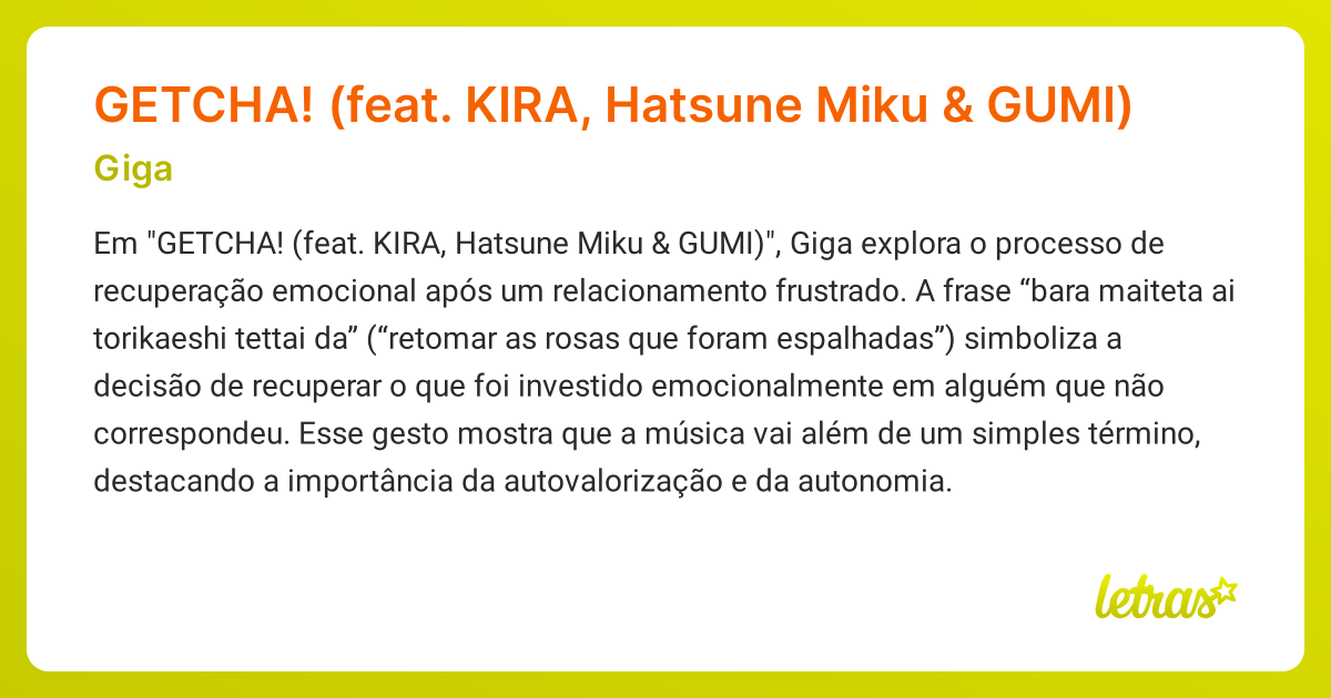 Significado da música GETCHA! (feat. KIRA, Hatsune Miku & GUMI) (Giga ...