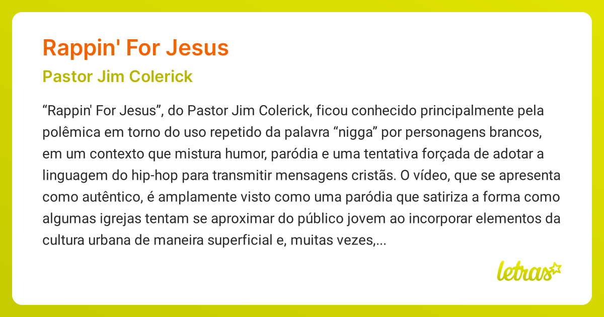 Significado da música RAPPIN' FOR JESUS (Pastor Jim Colerick) - LETRAS ...