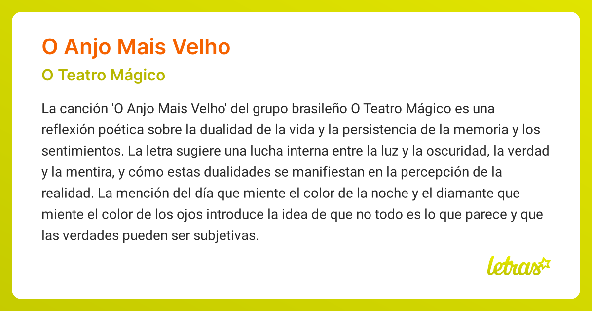 Significado de la canción O ANJO MAIS VELHO (O Teatro Mágico) - LETRAS.COM