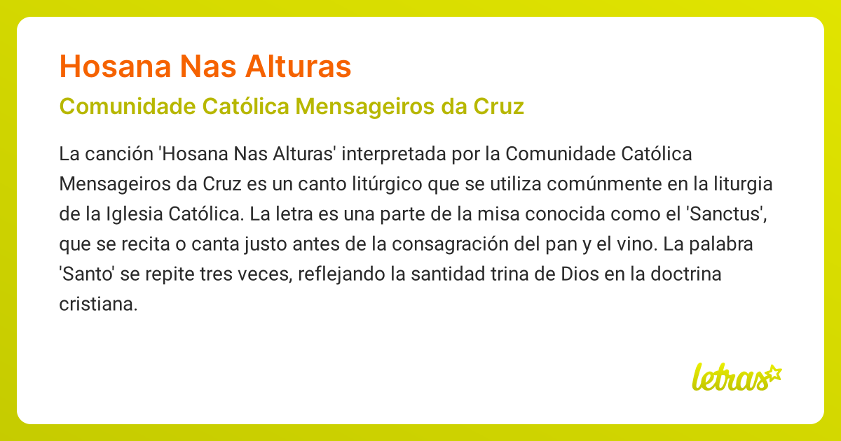 Significado de la canción HOSANA NAS ALTURAS (Comunidade Católica ...