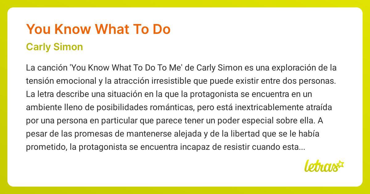 Significado de la canción YOU KNOW WHAT TO DO (Carly Simon) - LETRAS.COM